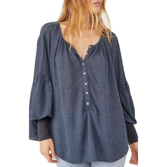 Free People Marla Henley Oversized Boho Poppy Seed Blue Top Size Small - Picture 1 of 12